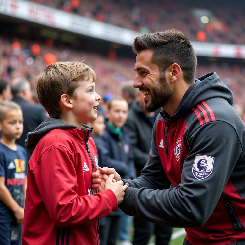 Young fan meeting football hero, feeling inspired.