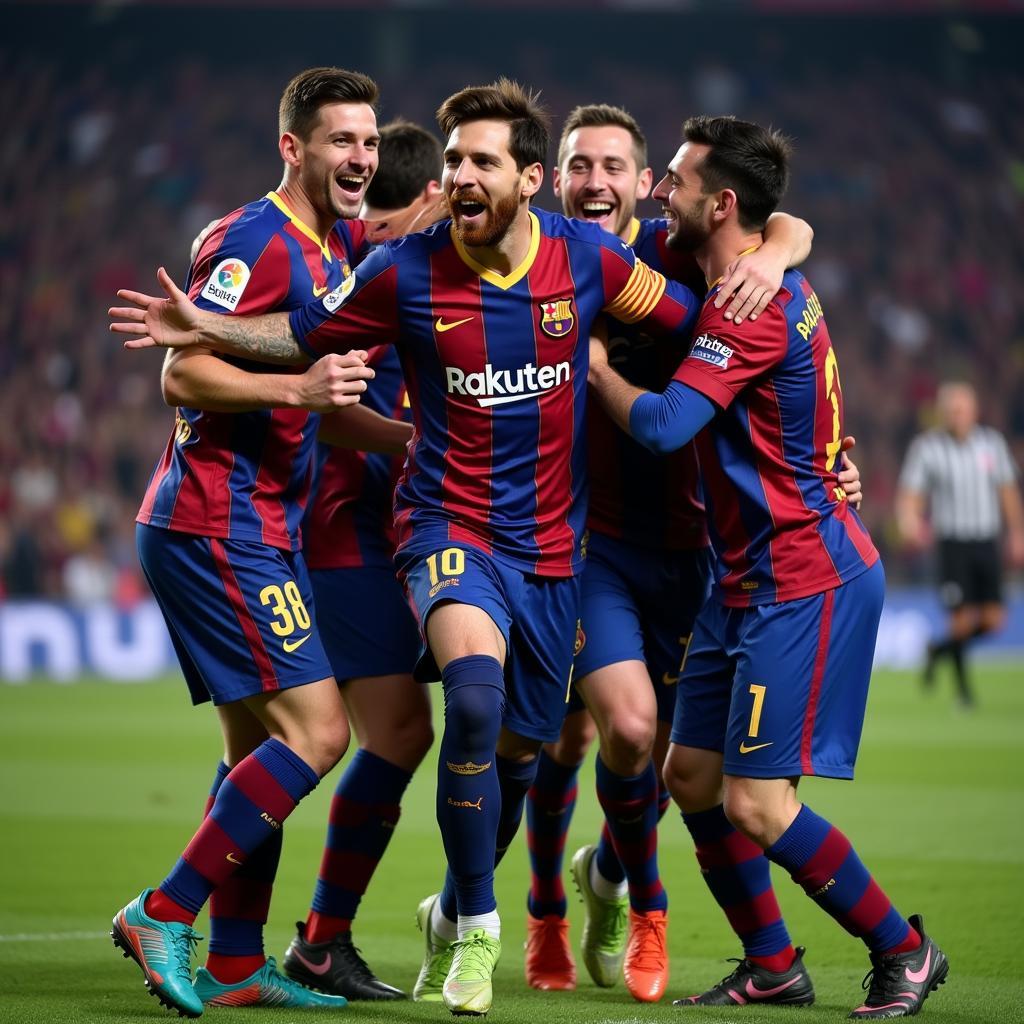 Lionel Messi celebrating a goal with his teammates