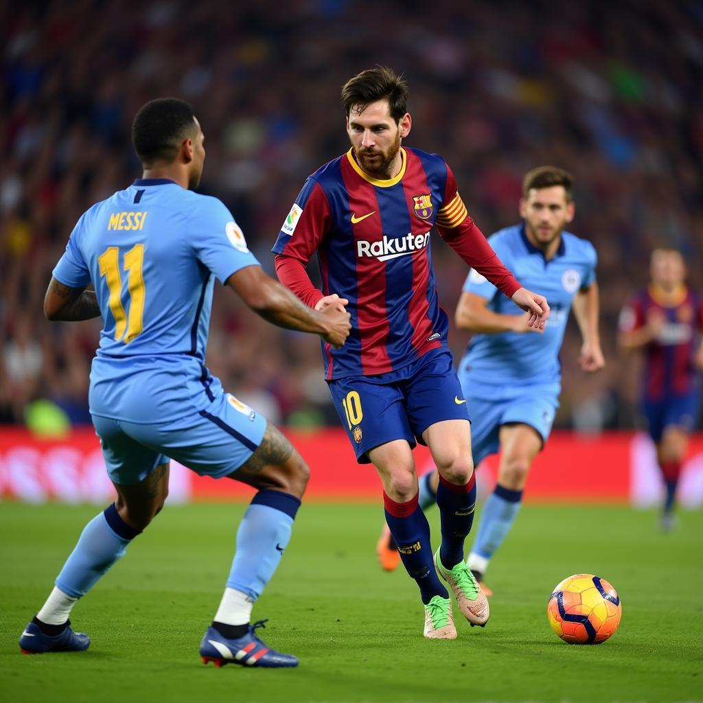 Messi dribbling past defenders