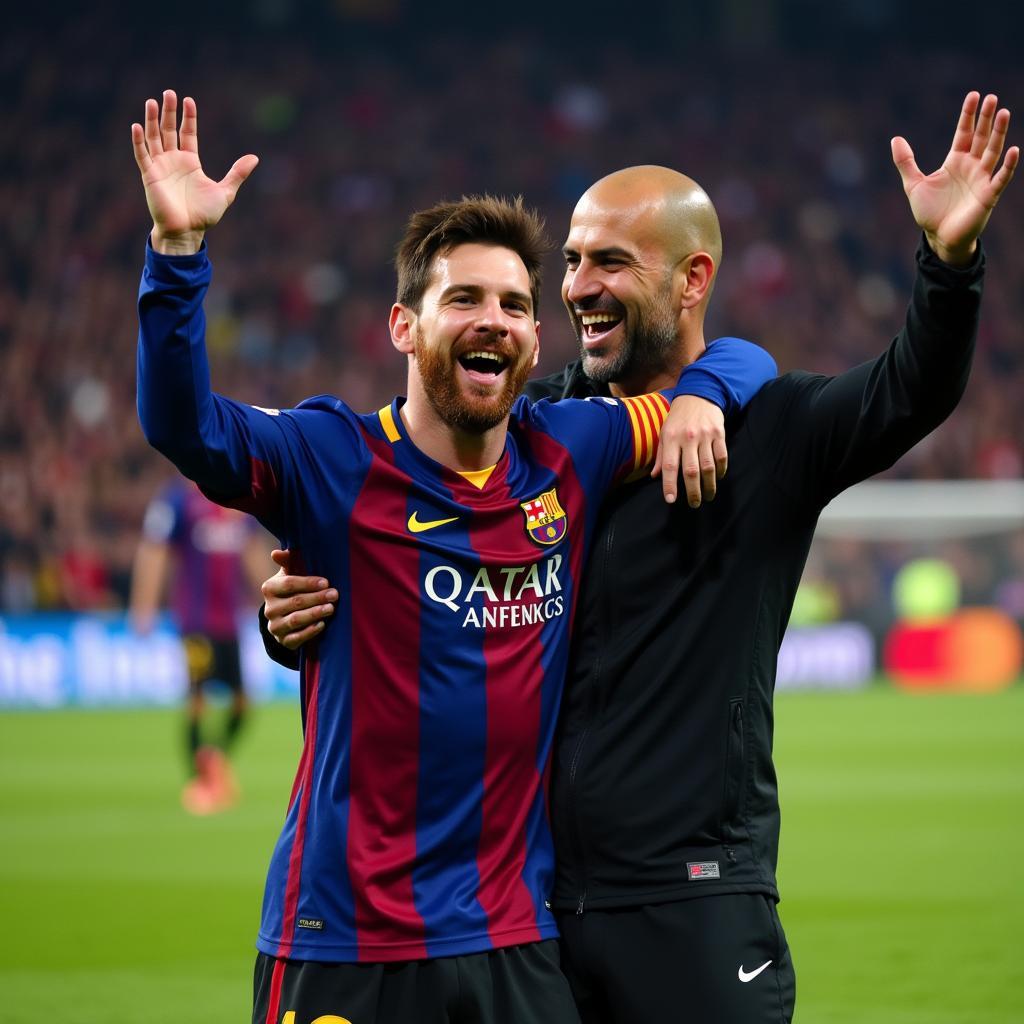 Lionel Messi and Pep Guardiola Celebrating a Goal