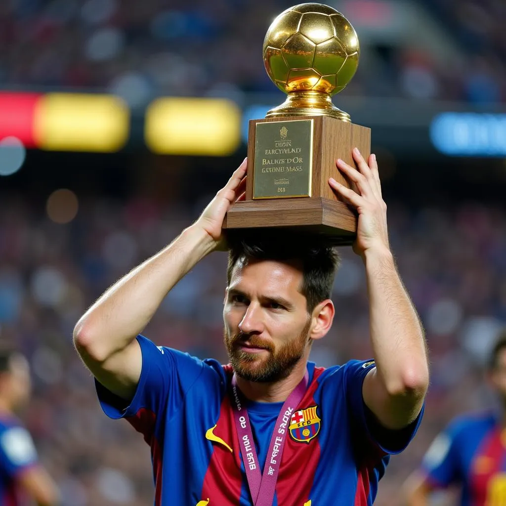 Lionel Messi holding the Ballon d'Or trophy