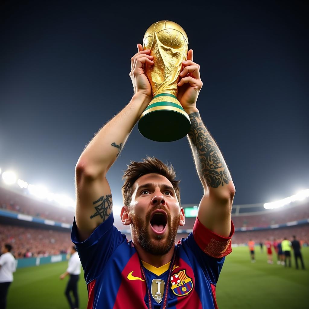 Lionel Messi lifting the FIFA World Cup trophy