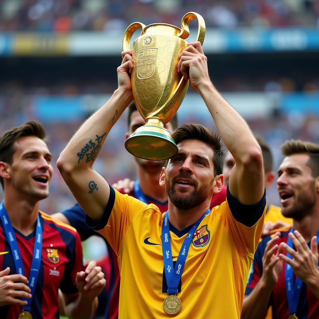 Lionel Messi Lifting the World Cup Trophy