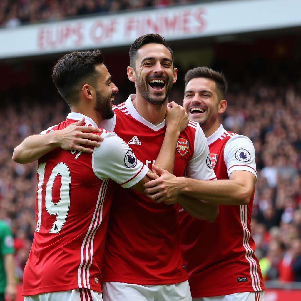 Mesut Özil celebrating a goal with Arsenal teammates