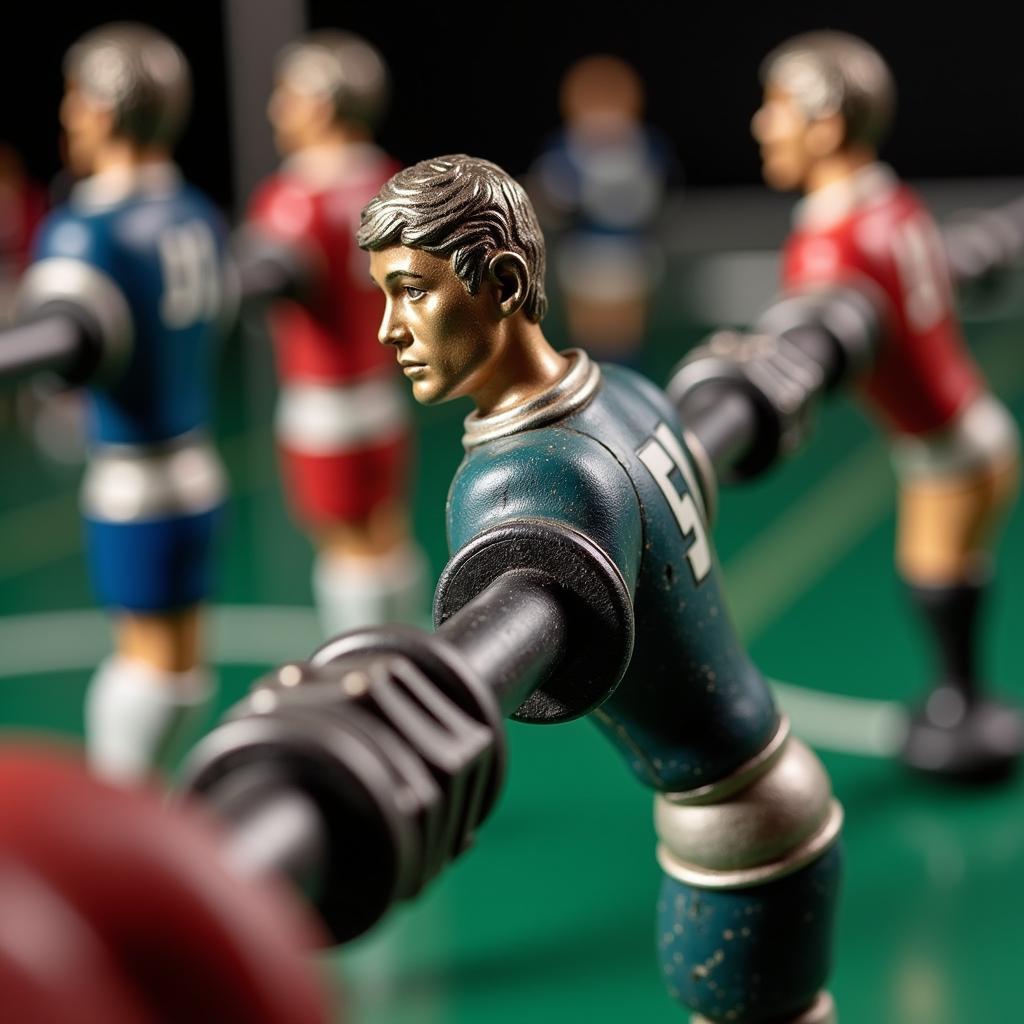 Close-Up of Metal Foosball Men on a Rod