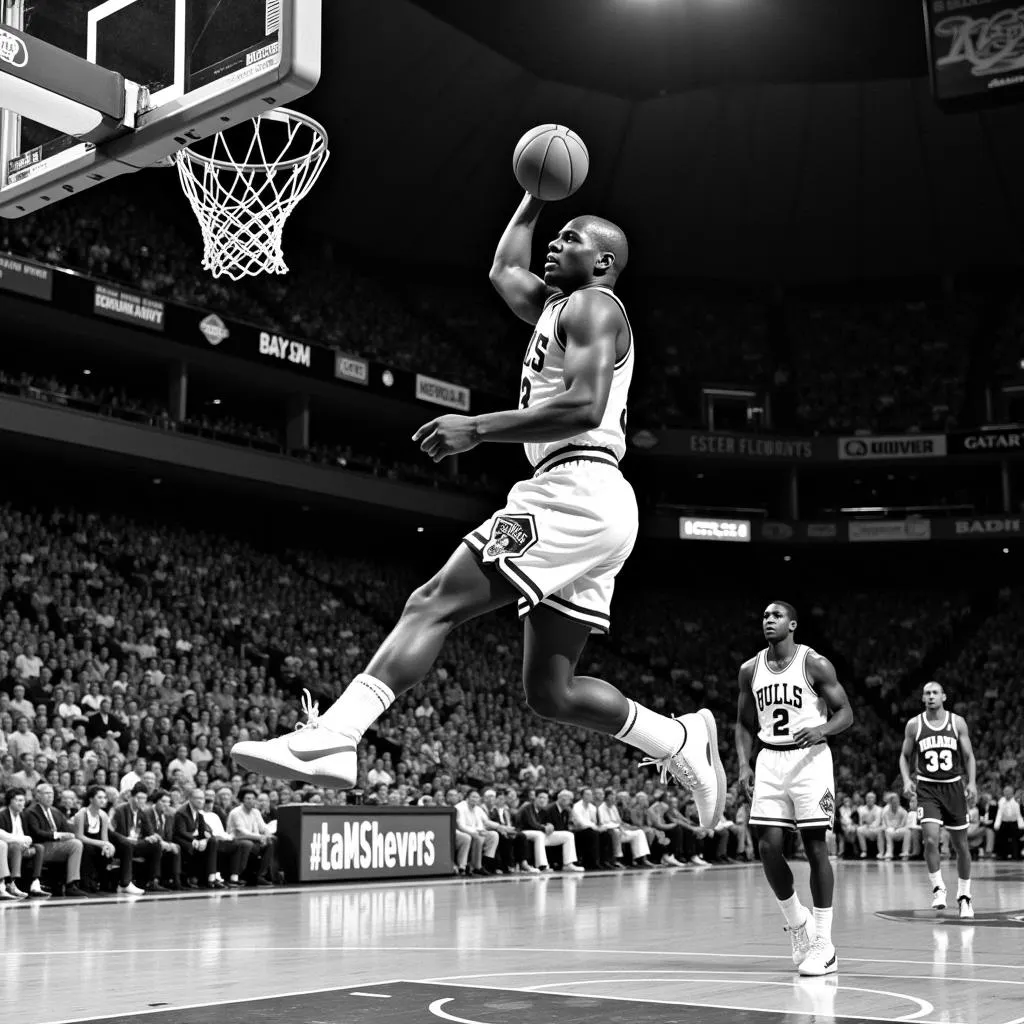 Michael Jordan executing his legendary free-throw line dunk