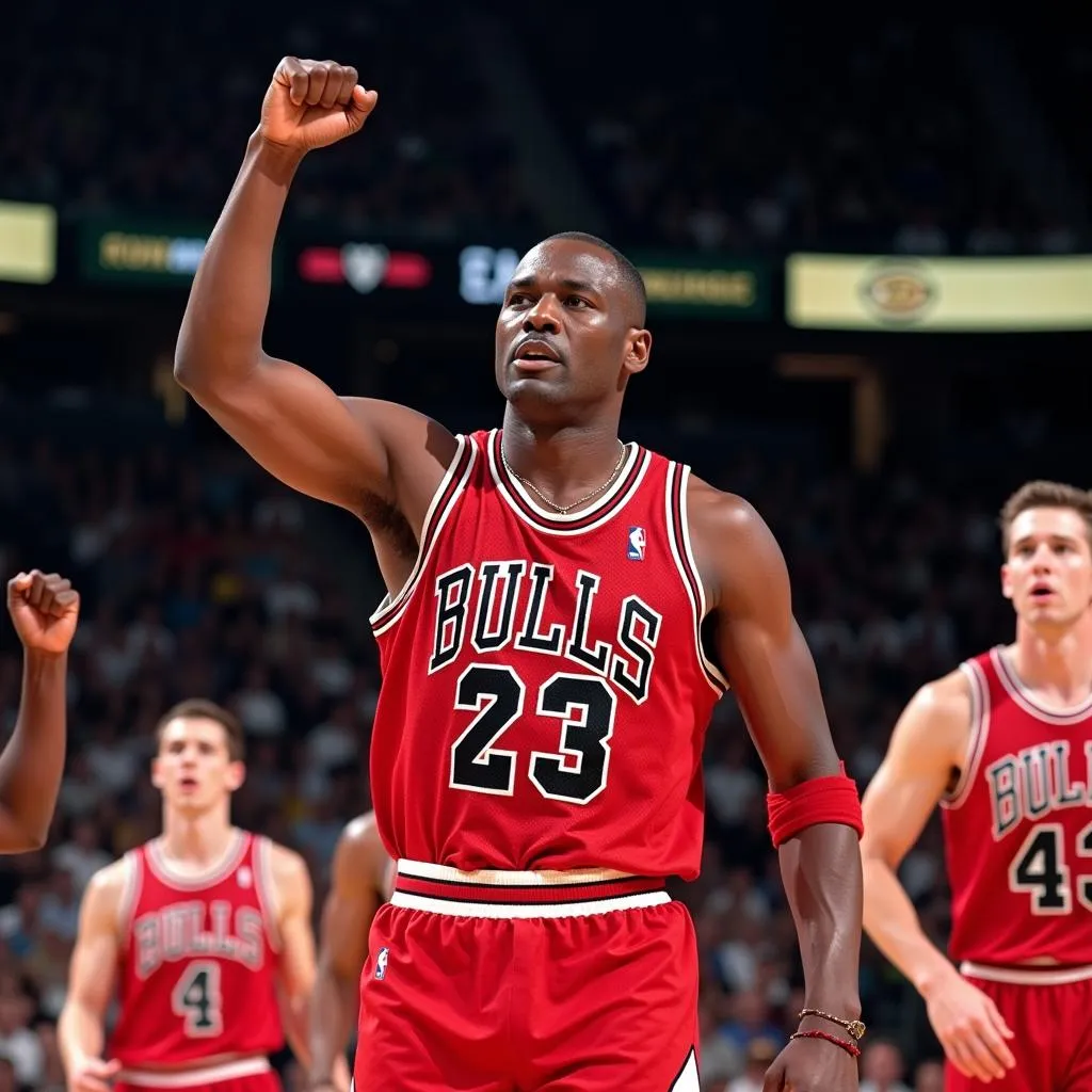 Michael Jordan celebrating a victory with the Chicago Bulls