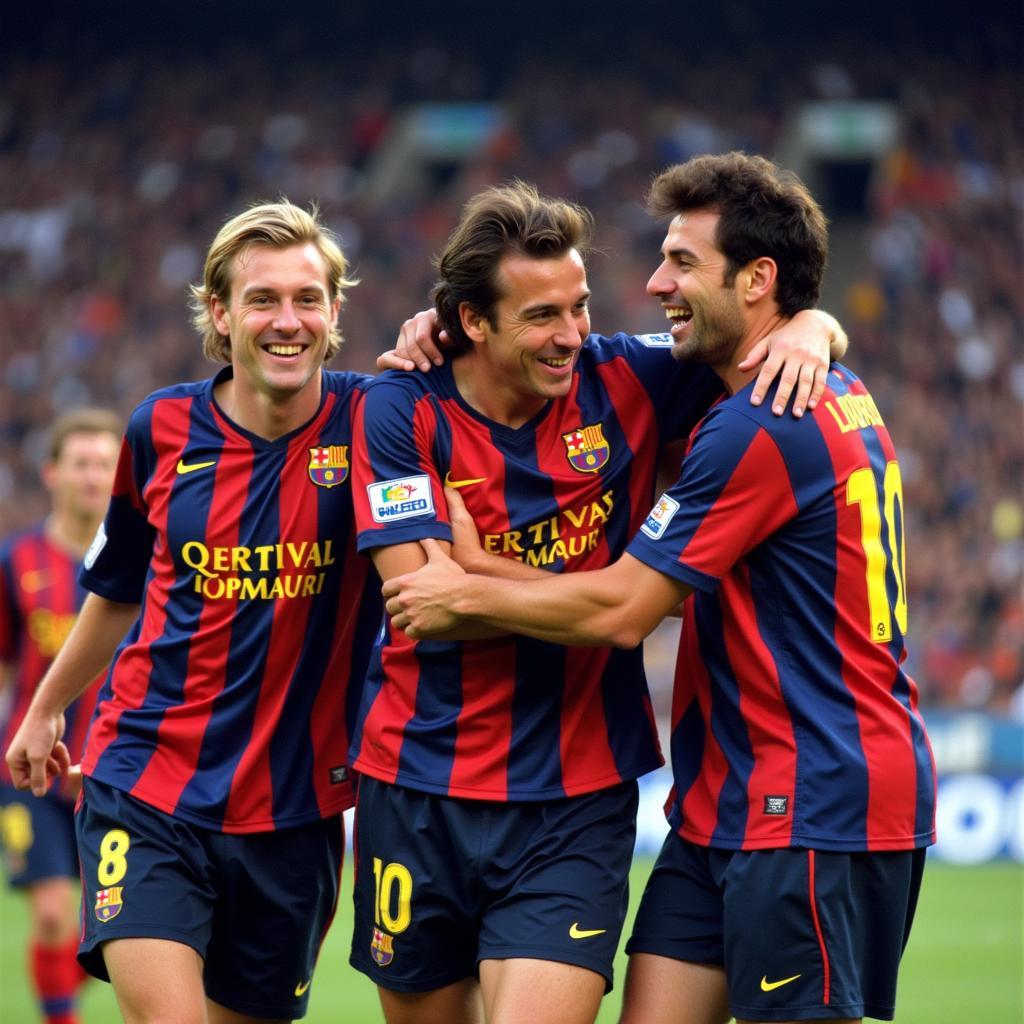 Michael Laudrup, beaming with joy, celebrates a goal alongside his Barcelona teammates, showcasing the camaraderie and shared success of the "Dream Team."