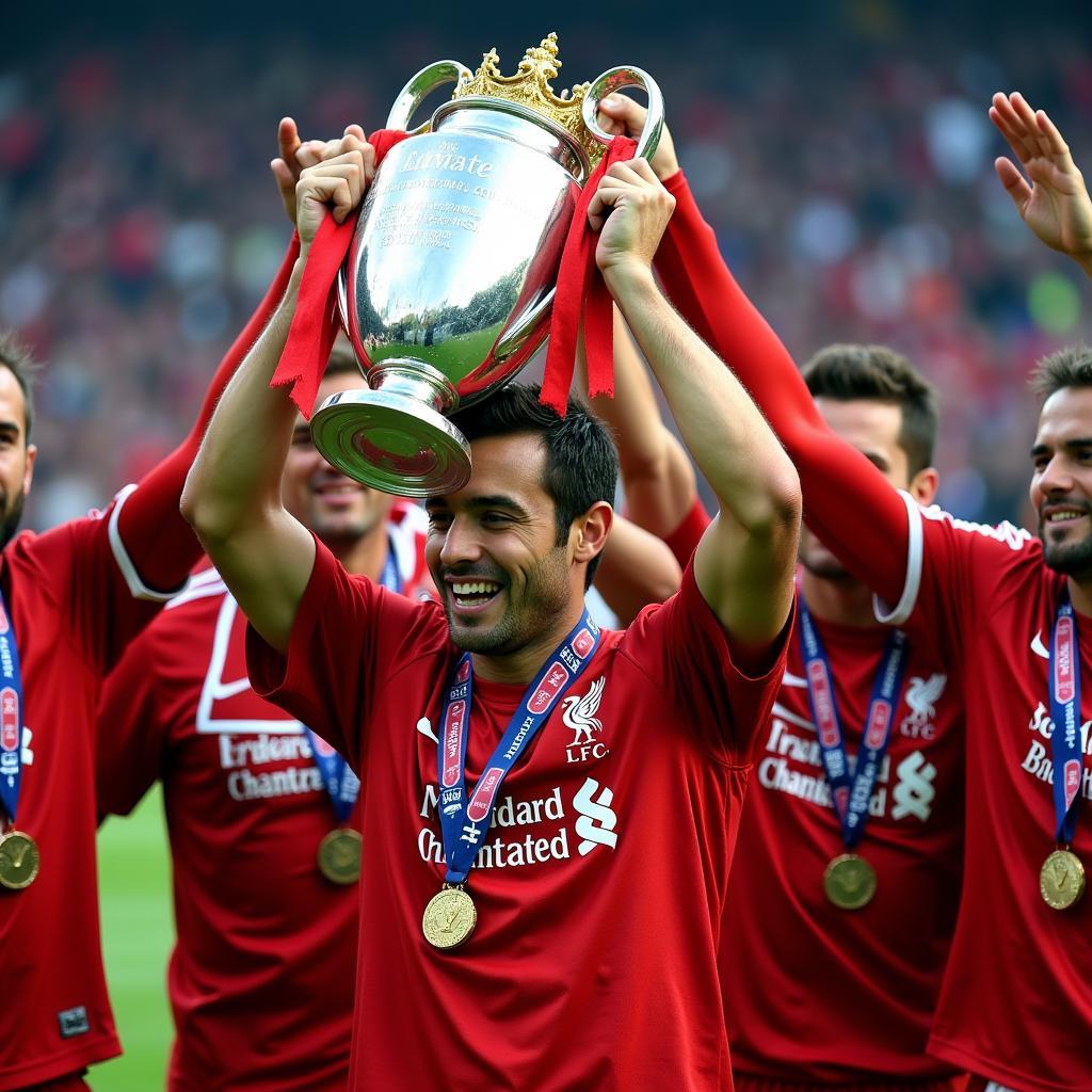 Milan Baros lifts the Champions League trophy with Liverpool