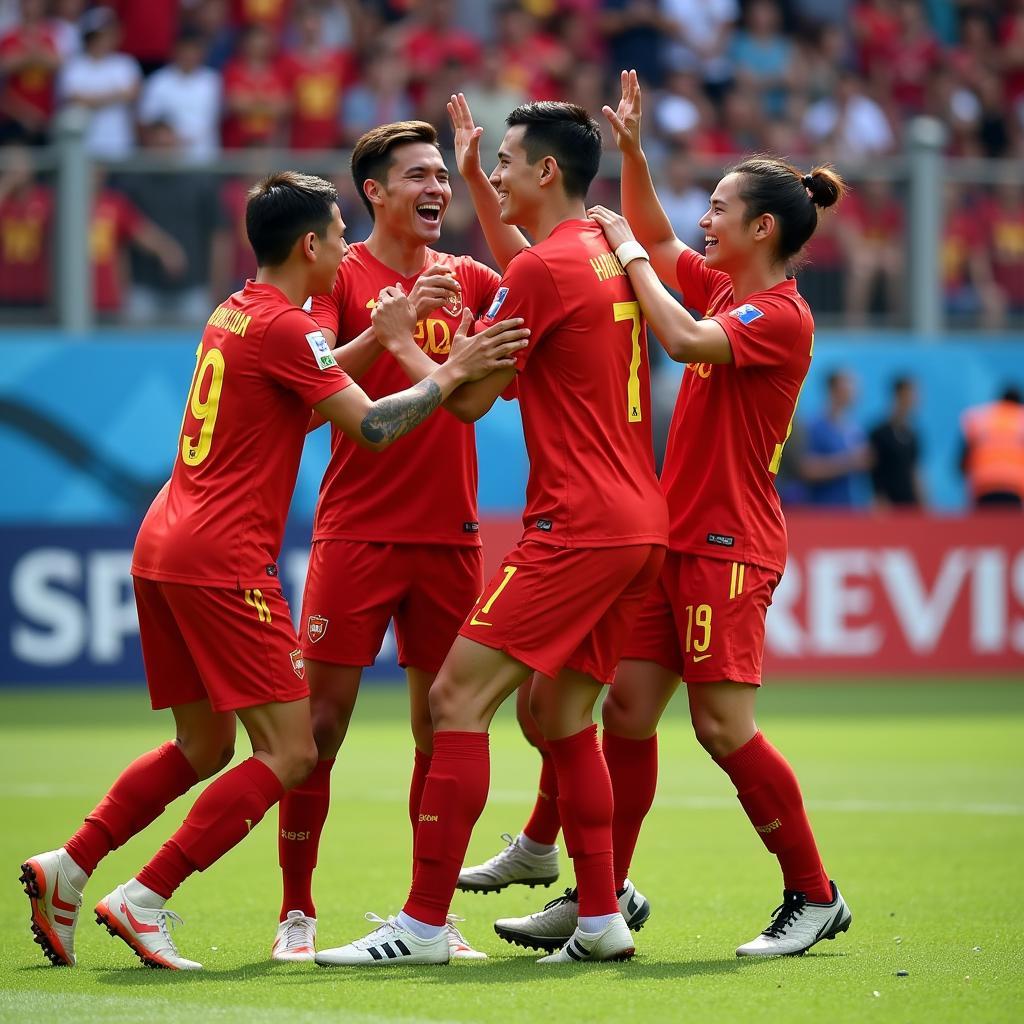 Minh Vương celebrating a goal with teammates