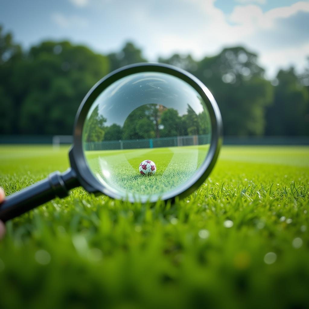 Football field with a magnifying glass searching for a player