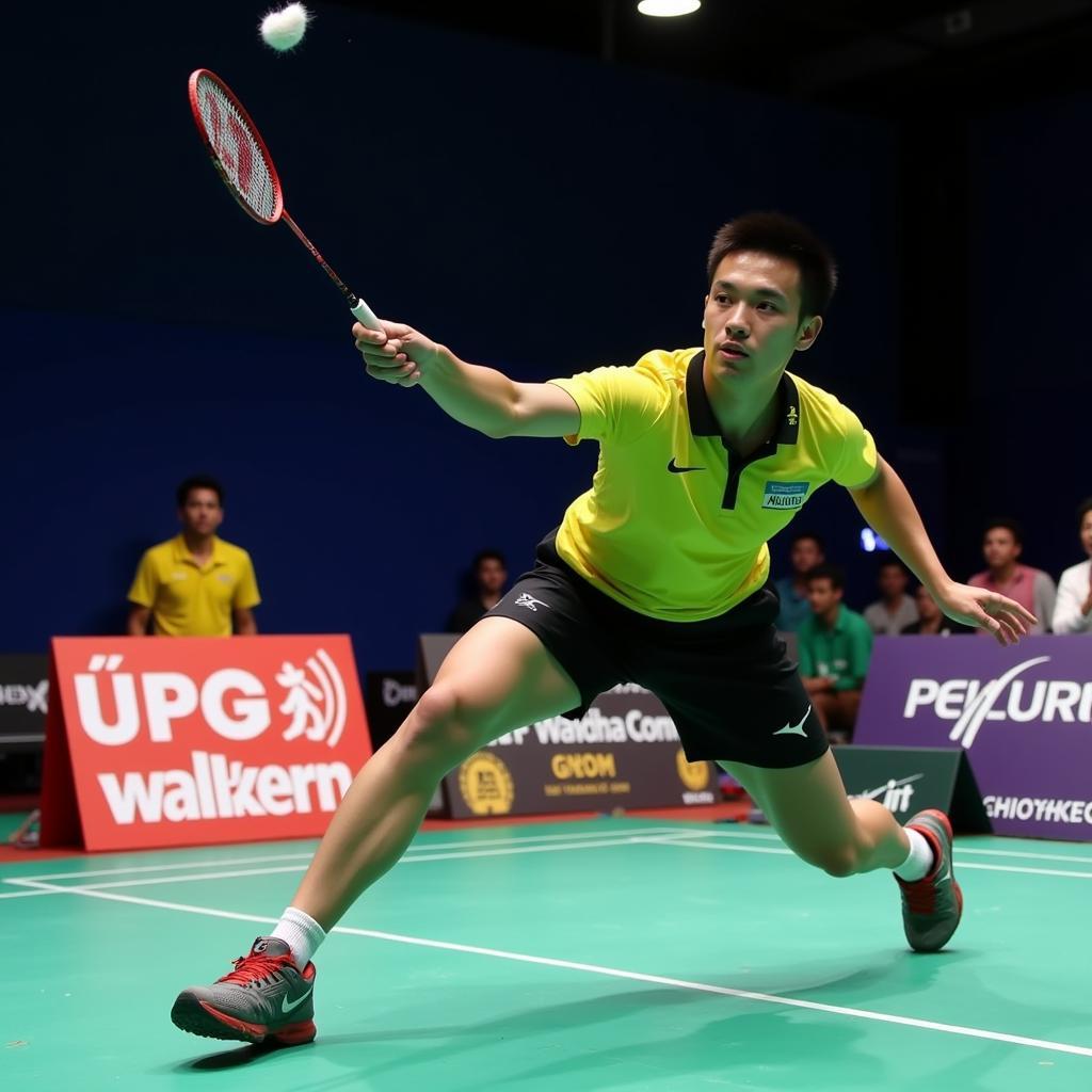 Professional badminton player using a Mizuno defensive racket