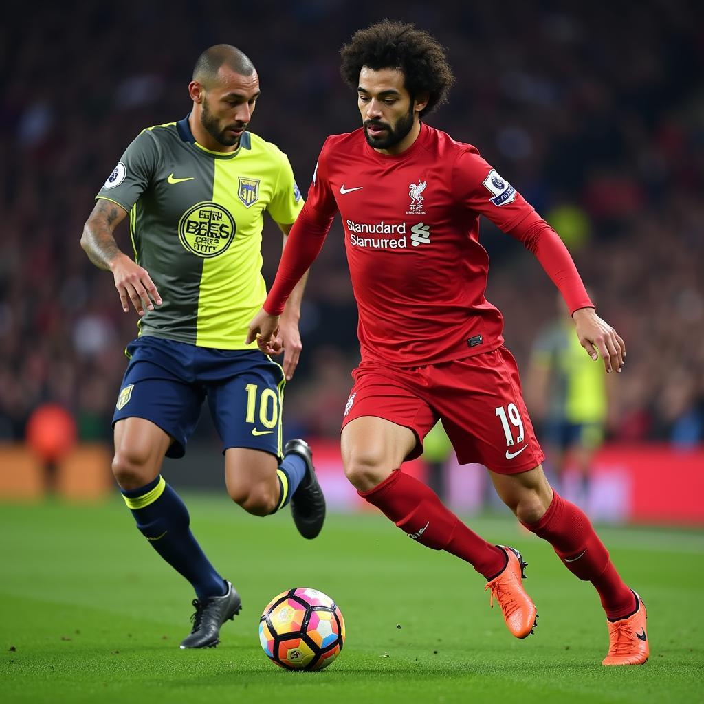 Mohamed Salah navigates past a defender with exceptional dribbling skills.