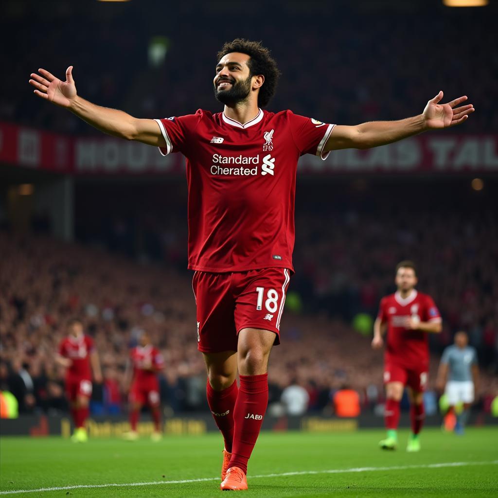 Mohamed Salah celebrates a goal for Liverpool.