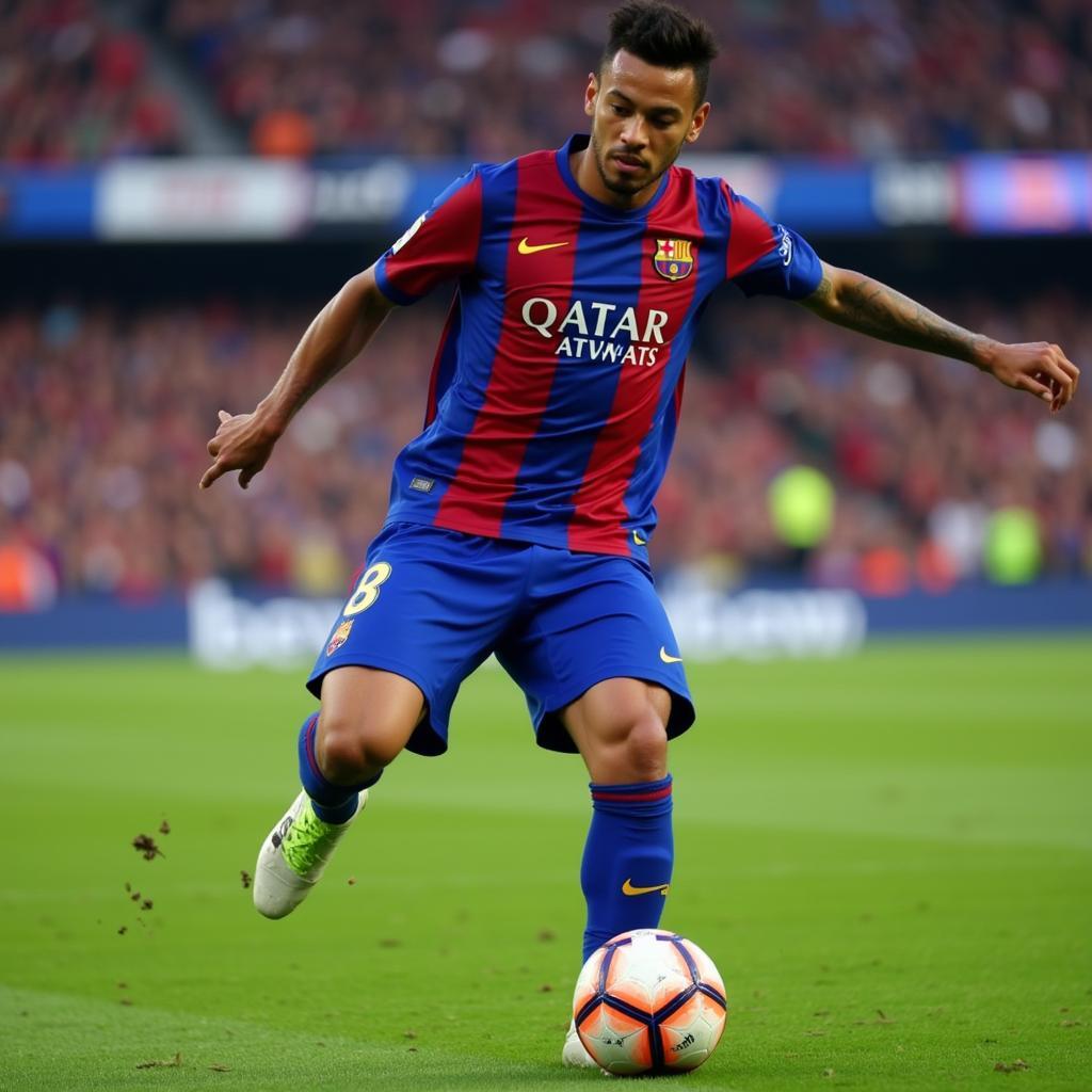 Neymar Jr., in his Barcelona jersey, showcasing his exceptional ball control and trickery in FIFA Online 3