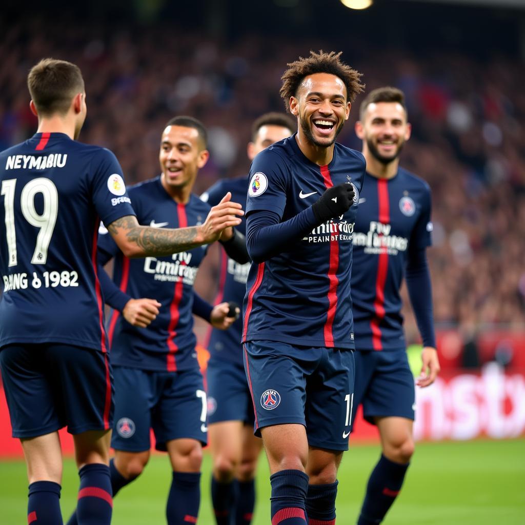 Neymar Jr. celebrates a goal with PSG teammates