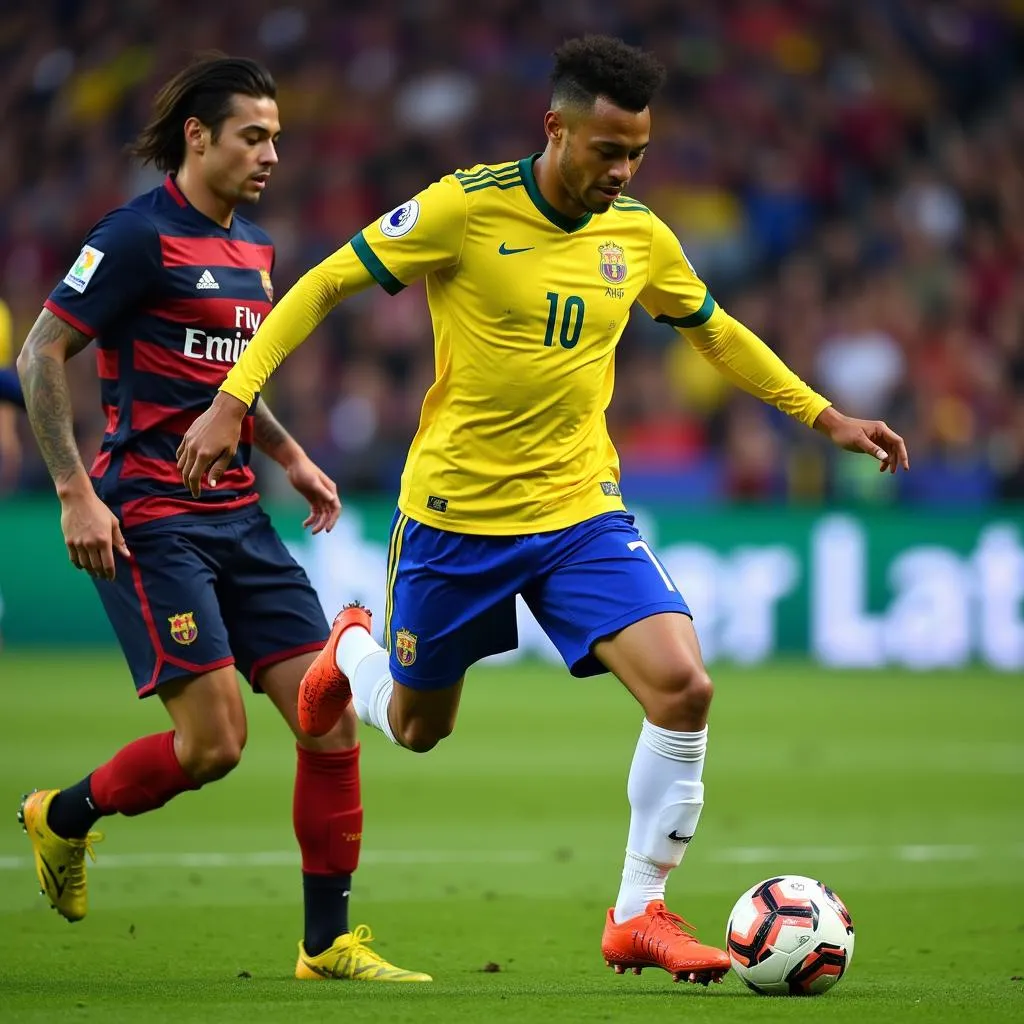 Neymar Jr. dribbling past a defender.