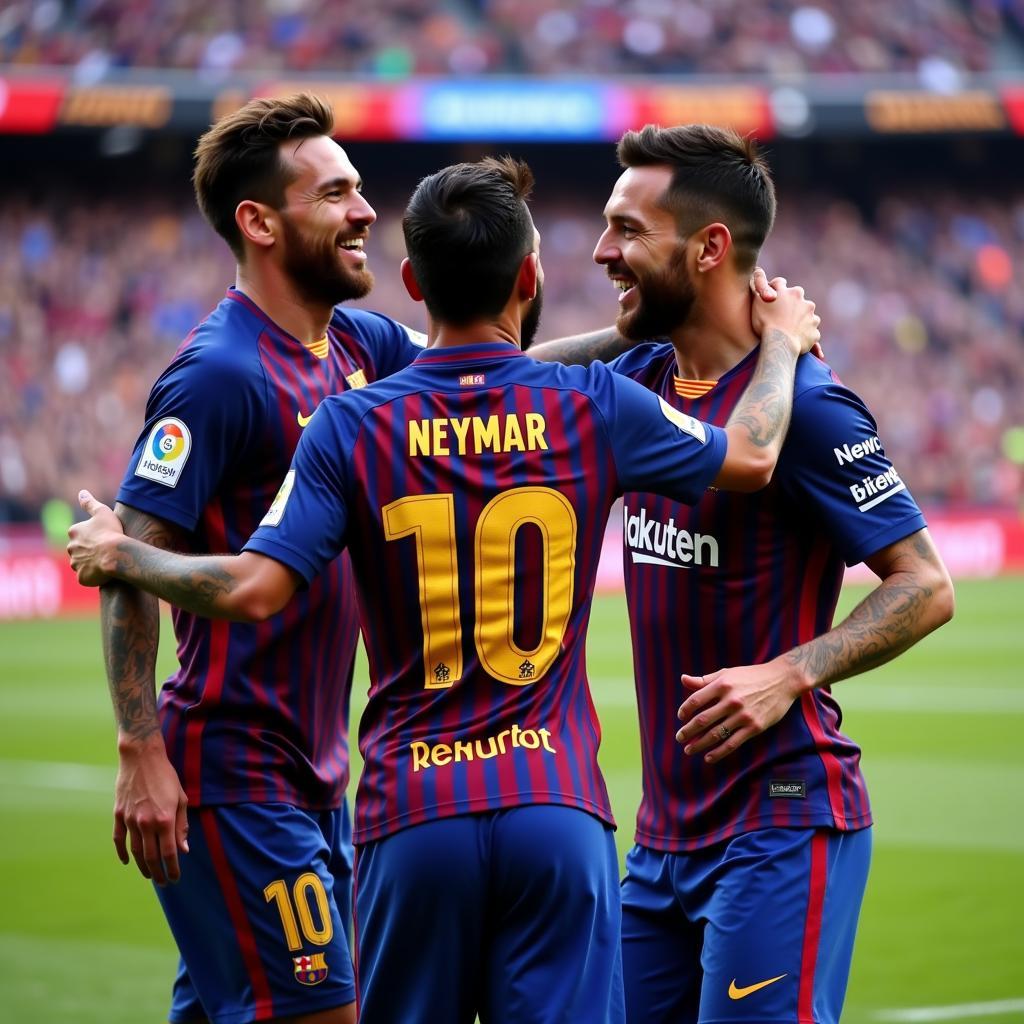 Neymar, Messi, and Suarez Celebrating a Goal - The MSN Trio