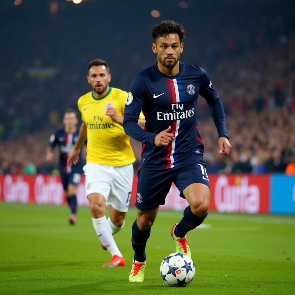 Neymar Jr. in action for Paris Saint-Germain in a Champions League match.