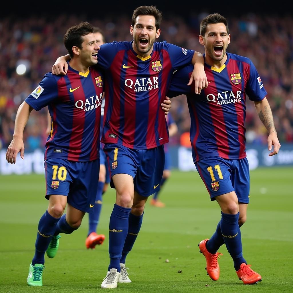 Neymar, Suarez, and Messi celebrate a goal