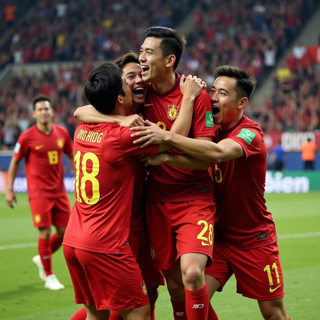 Ngo Tung Quoc celebrates a goal with his teammates.