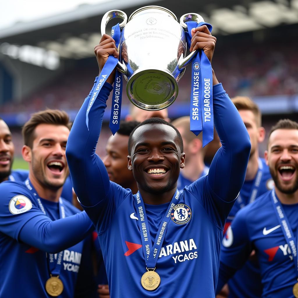 N'Golo Kanté lifting the Champions League trophy with Chelsea.