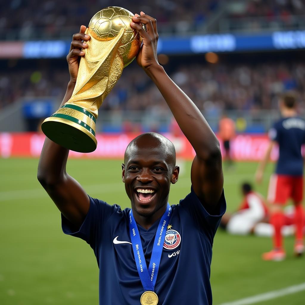 N'Golo Kanté holding the World Cup trophy.