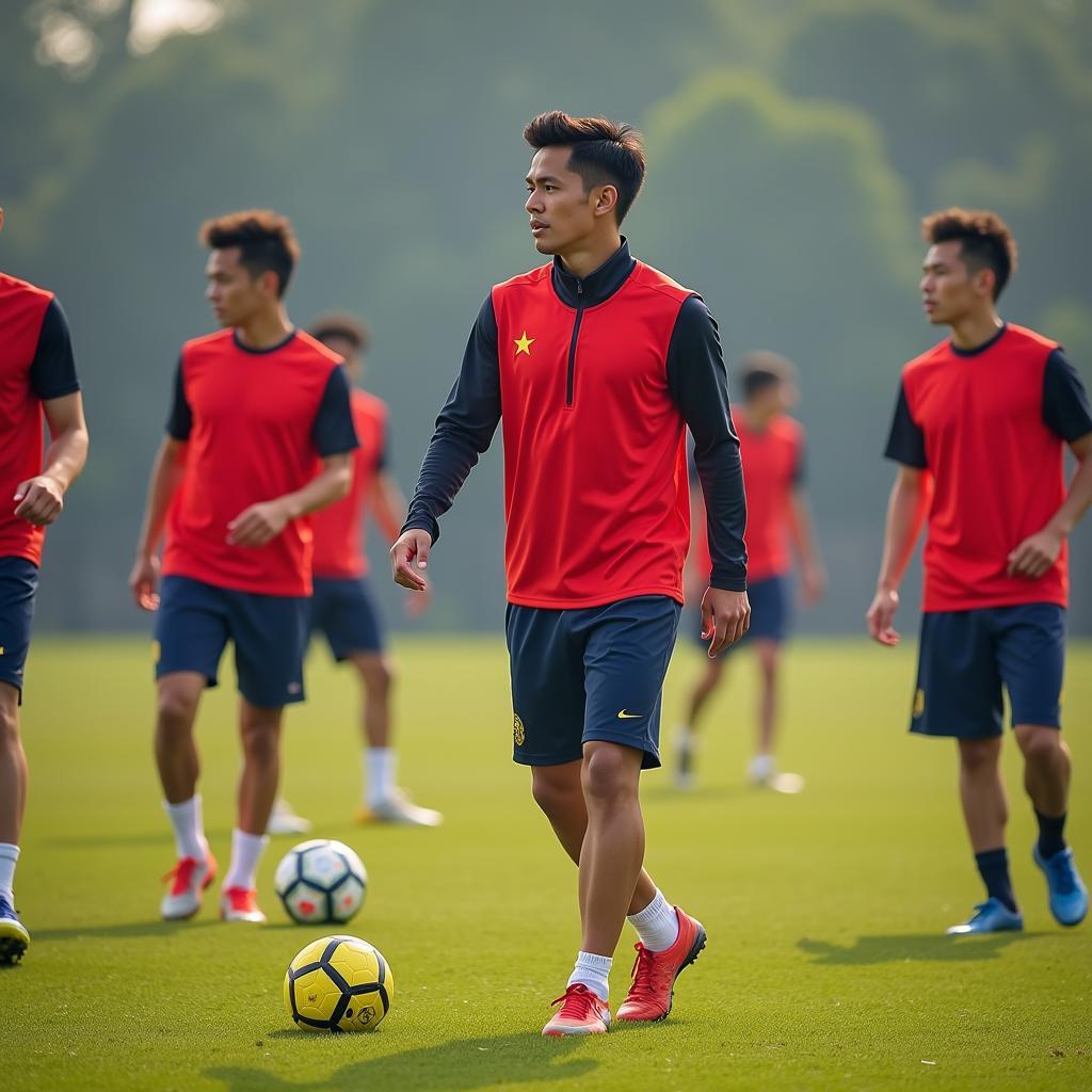 Nguyen Duc Chinh training rigorously with his teammates in preparation for an upcoming match