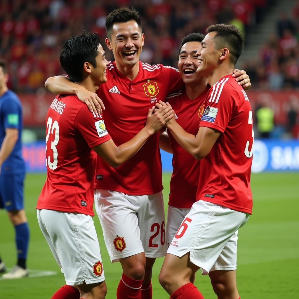 Nguyen Hoang Duc celebrates a goal with teammates