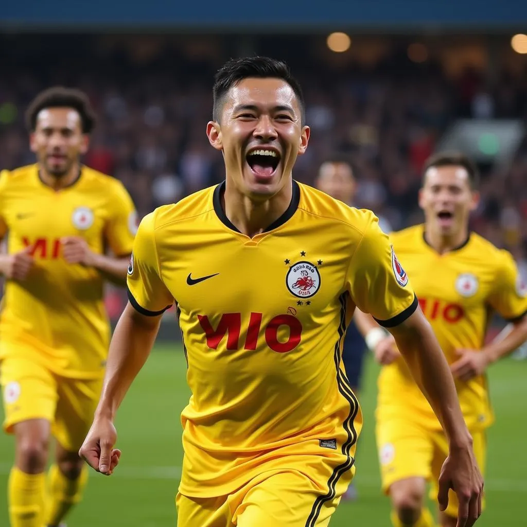 Nguyen Hoang Viet Anh celebrating a goal with teammates