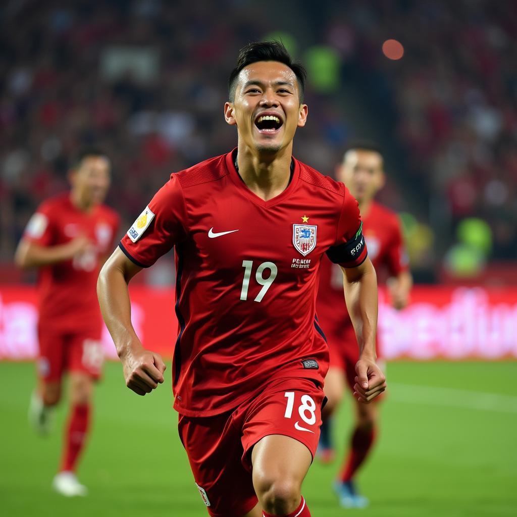 Nguyen Huy Hung celebrates a crucial goal for his team