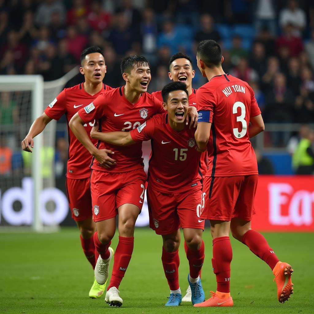  Nguyen Huy Toan celebrates a crucial goal with his teammates.