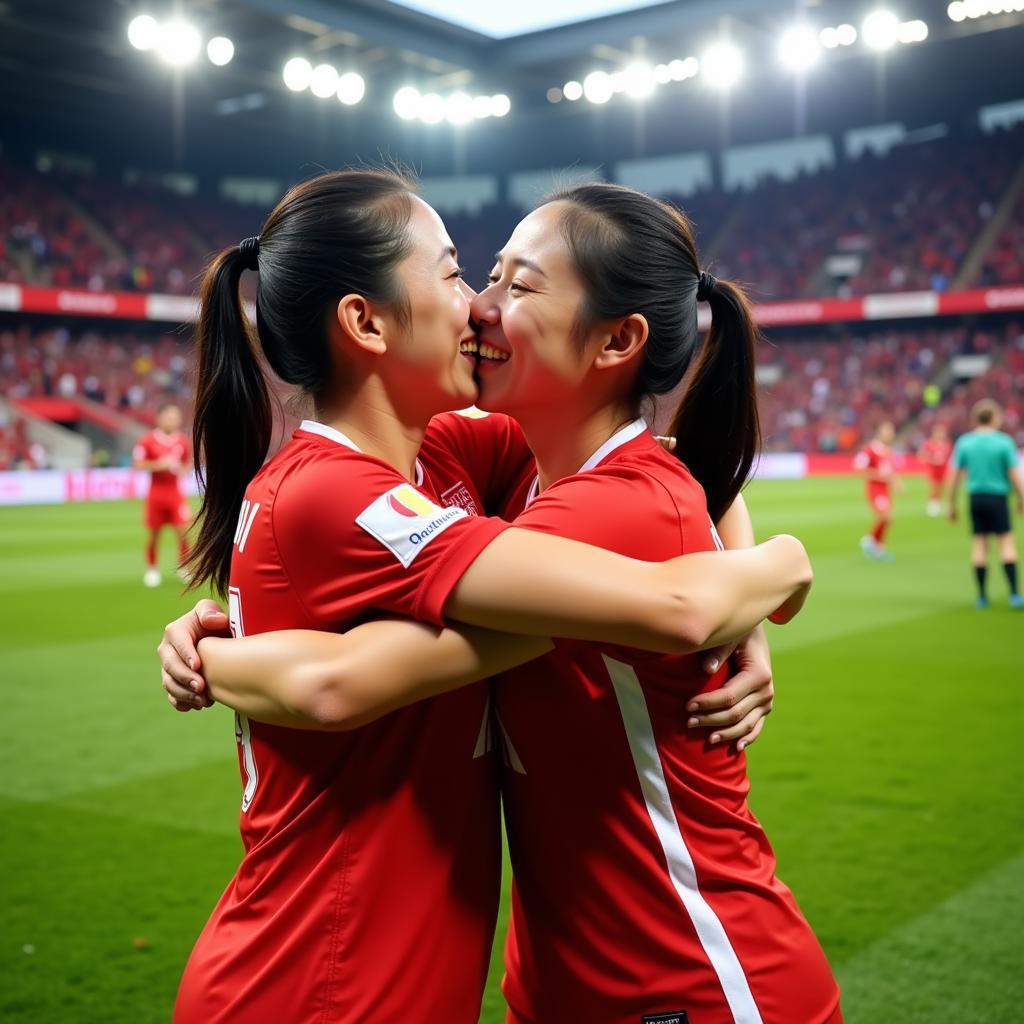 Nguyen Minh Chau and her husband celebrating a victory after a football match