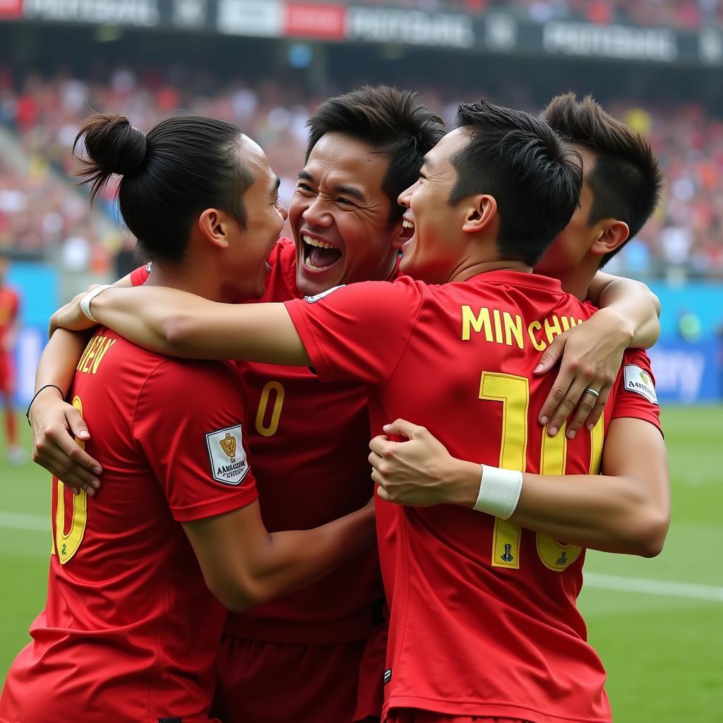 Nguyen Minh Chien celebrates a goal with teammates