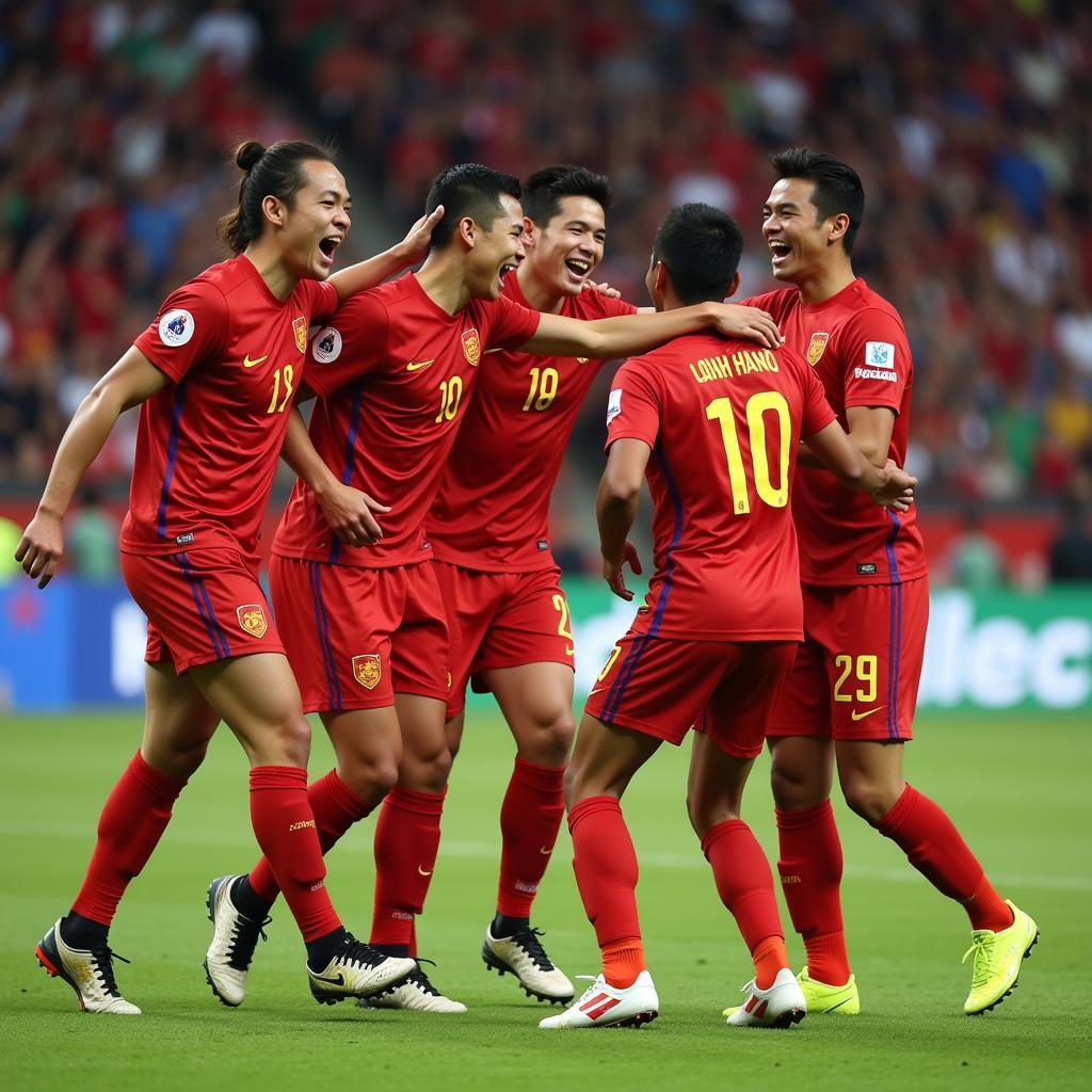 Nguyen Ngoc Anh celebrates scoring a goal with teammates