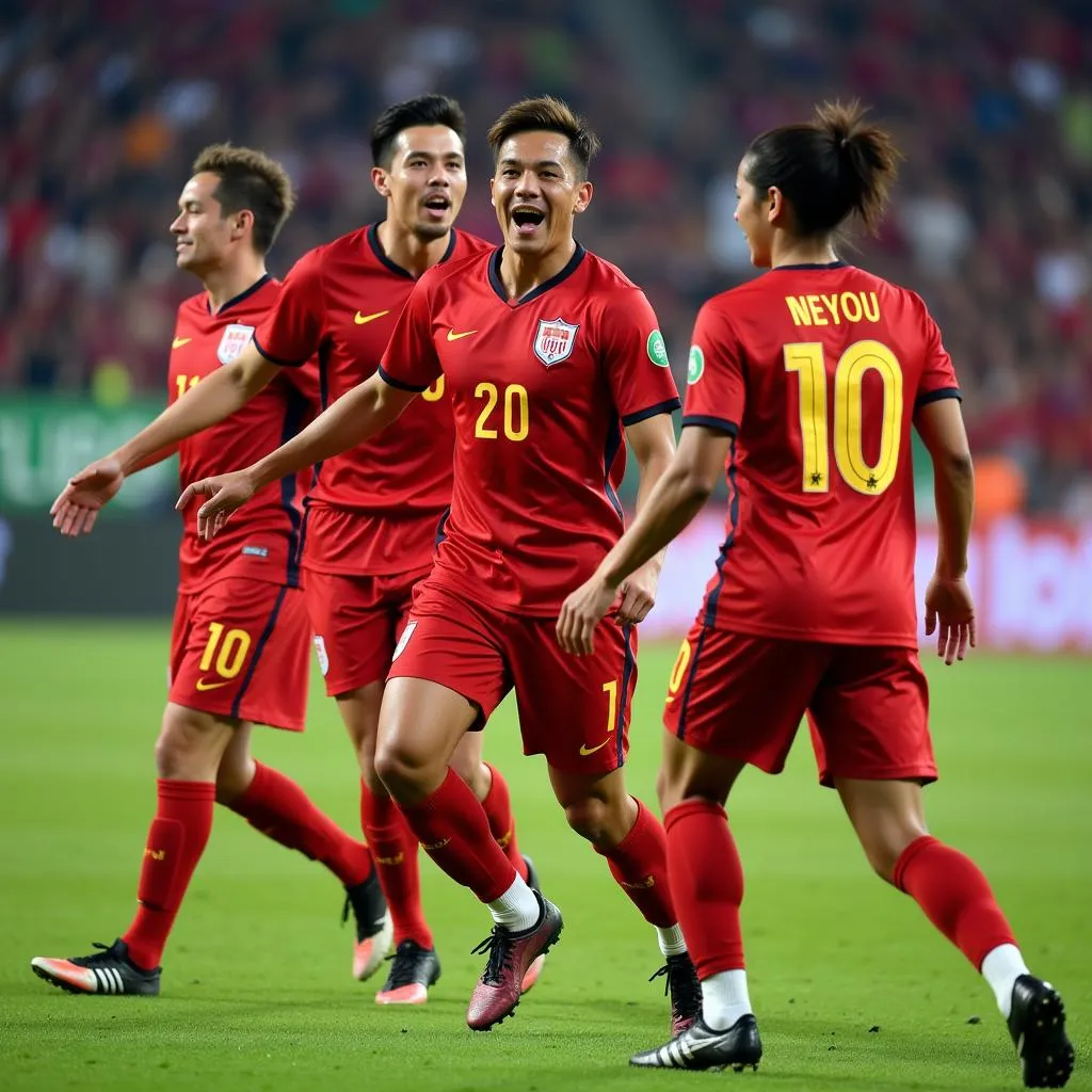 Nguyen Ngoc Tho joyfully celebrating a goal with his teammates, showcasing team spirit and camaraderie.