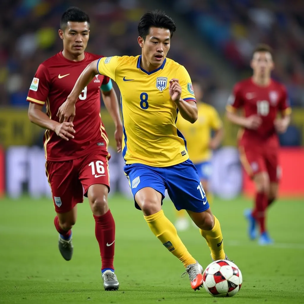 Vietnamese footballer Nguyen Ngoc Tho showcasing his skills during a match.