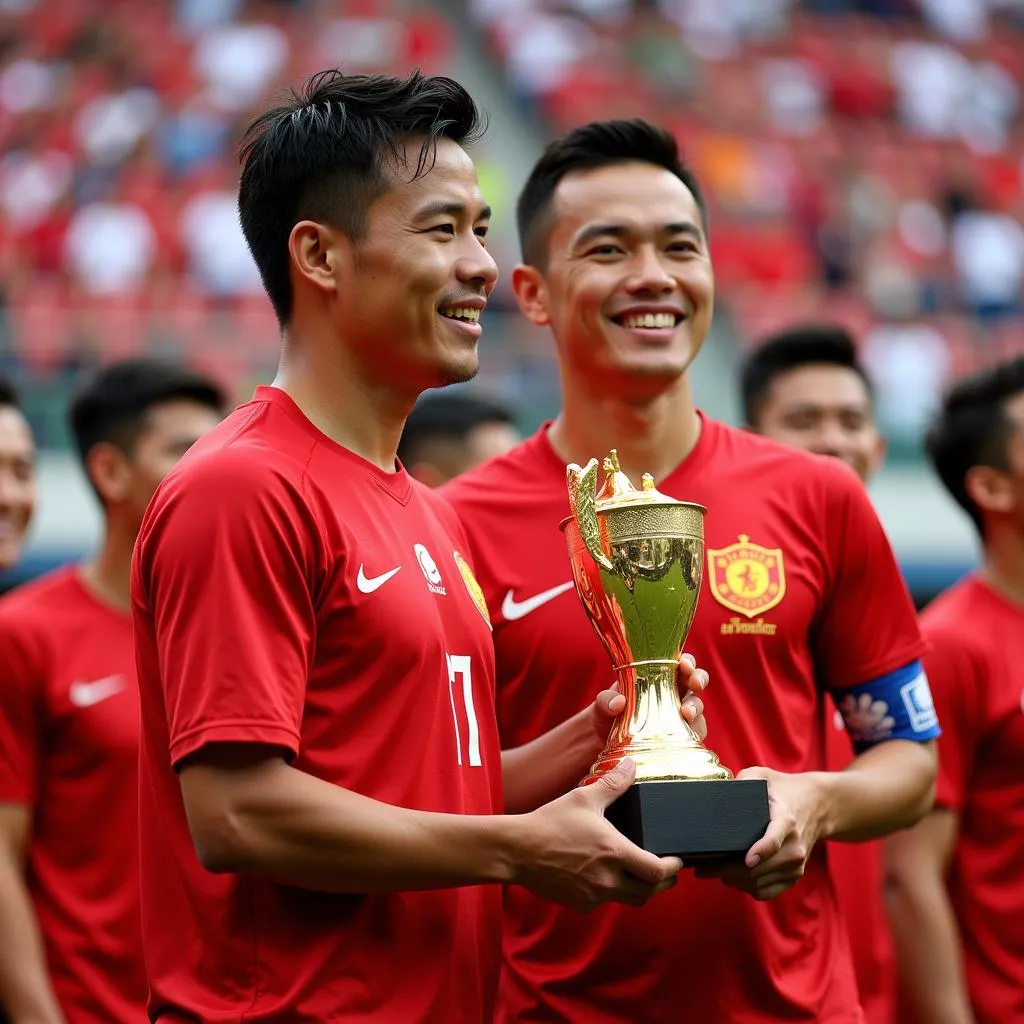 Nguyen Ngoc Tho being recognized for his talent, receiving an award or recognition for his contributions to Vietnamese football.