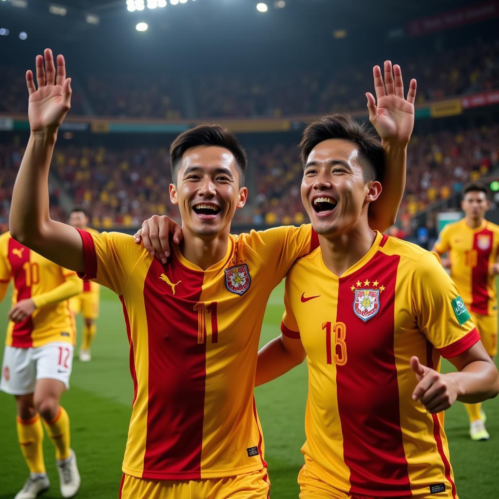 Nguyen Quang Hai celebrates a goal with his teammates, his face filled with joy and excitement