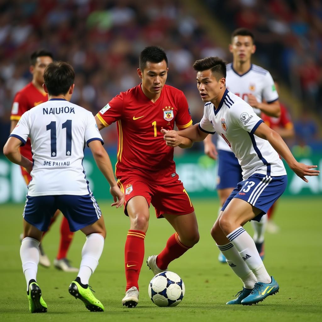 Nguyen Quang Hai dribbling past opponents