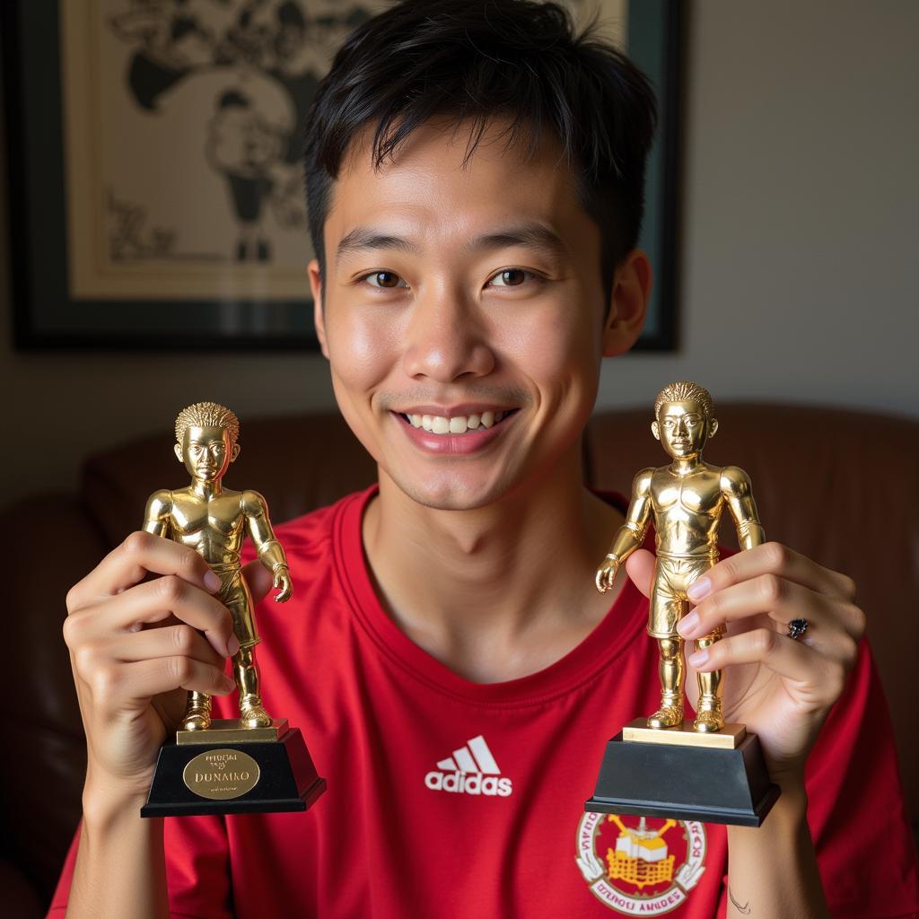 Nguyen Quang Hai proudly holds up an individual award, a testament to his exceptional talent and contributions to football