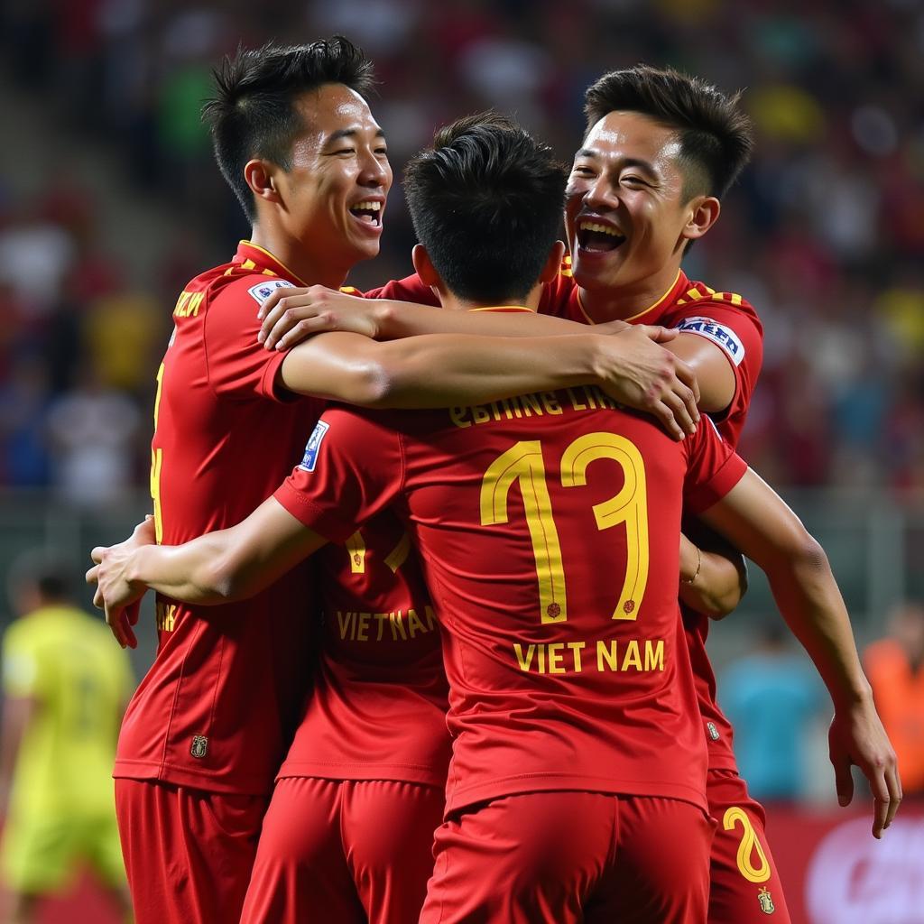 Nguyen Quang Hai celebrates a goal with his U23 Vietnam teammates