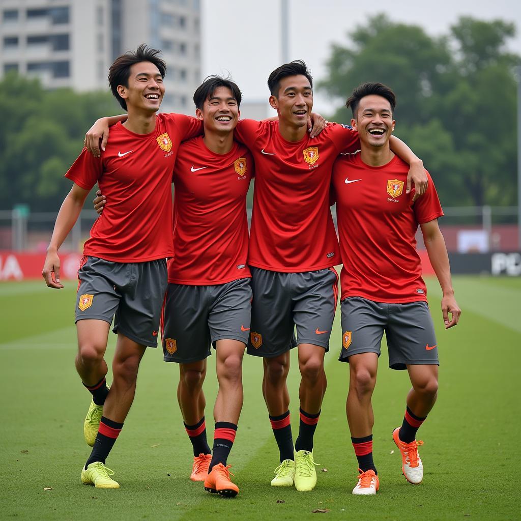 Nguyen Thanh Hien celebrates a goal with his teammates, his face beaming with joy