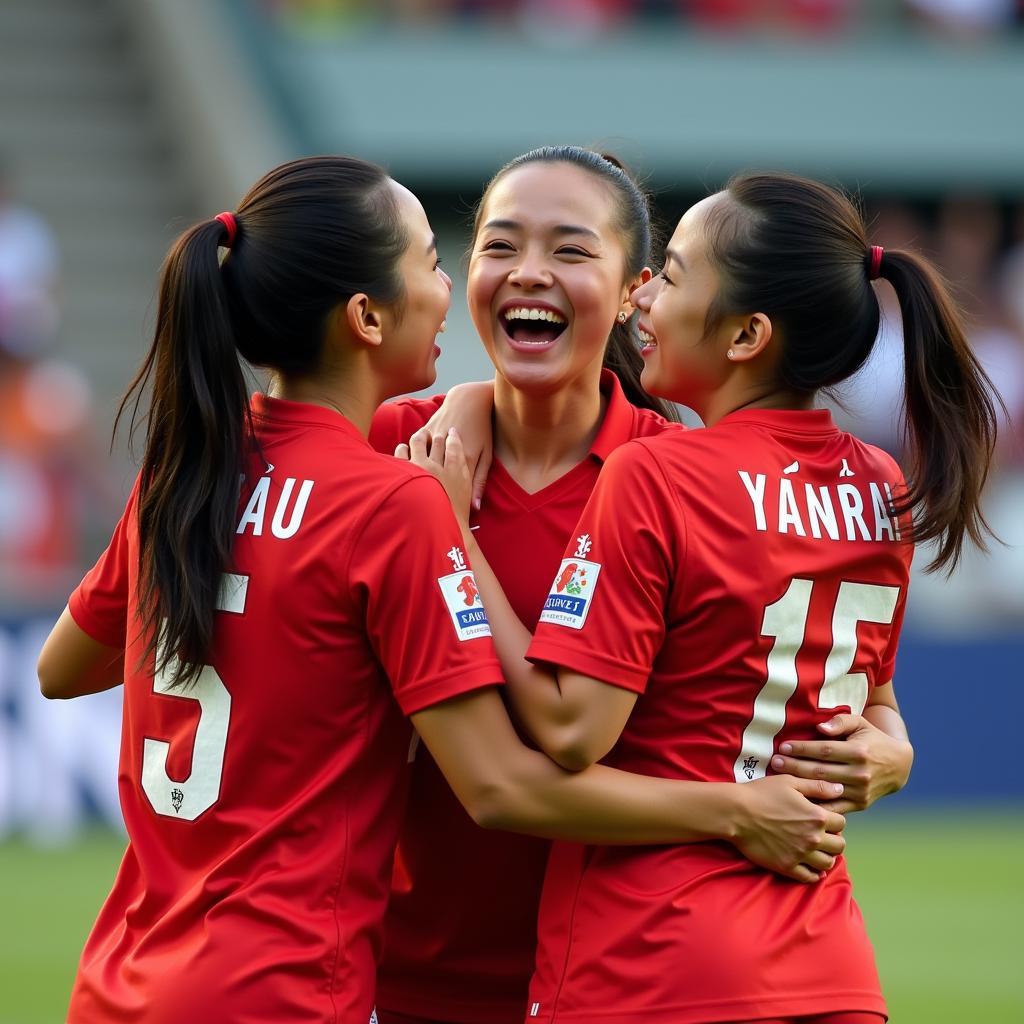 Nguyen Thi Loan celebrates a goal with her teammates