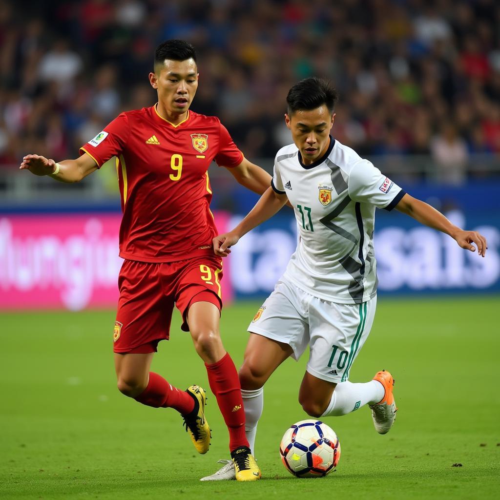 Nguyen Tien Linh dribbling past an opponent during an international match