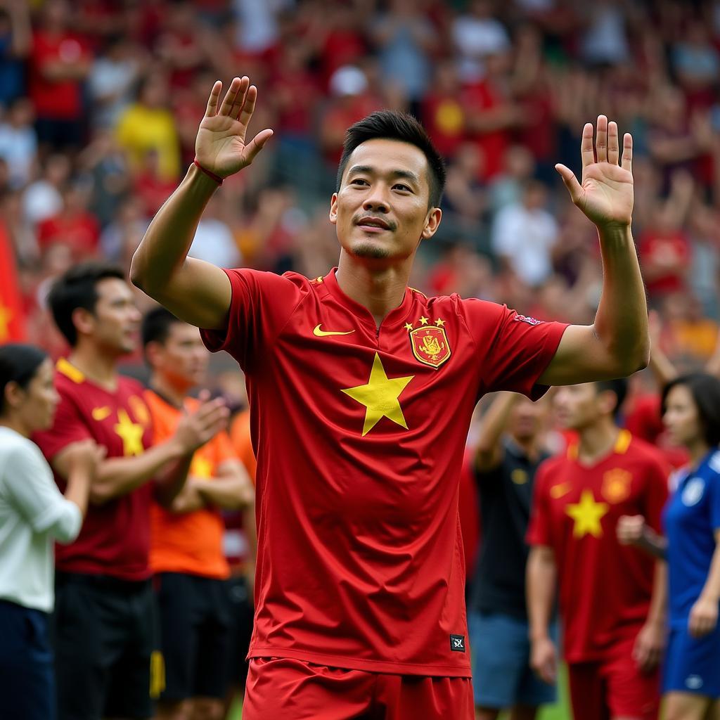 Nguyen Tien Linh salutes fans after a victory