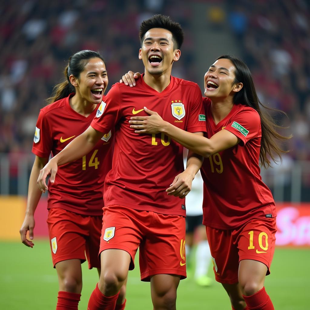 Nguyen Van Ba celebrating a goal with his teammates, showcasing his team spirit.