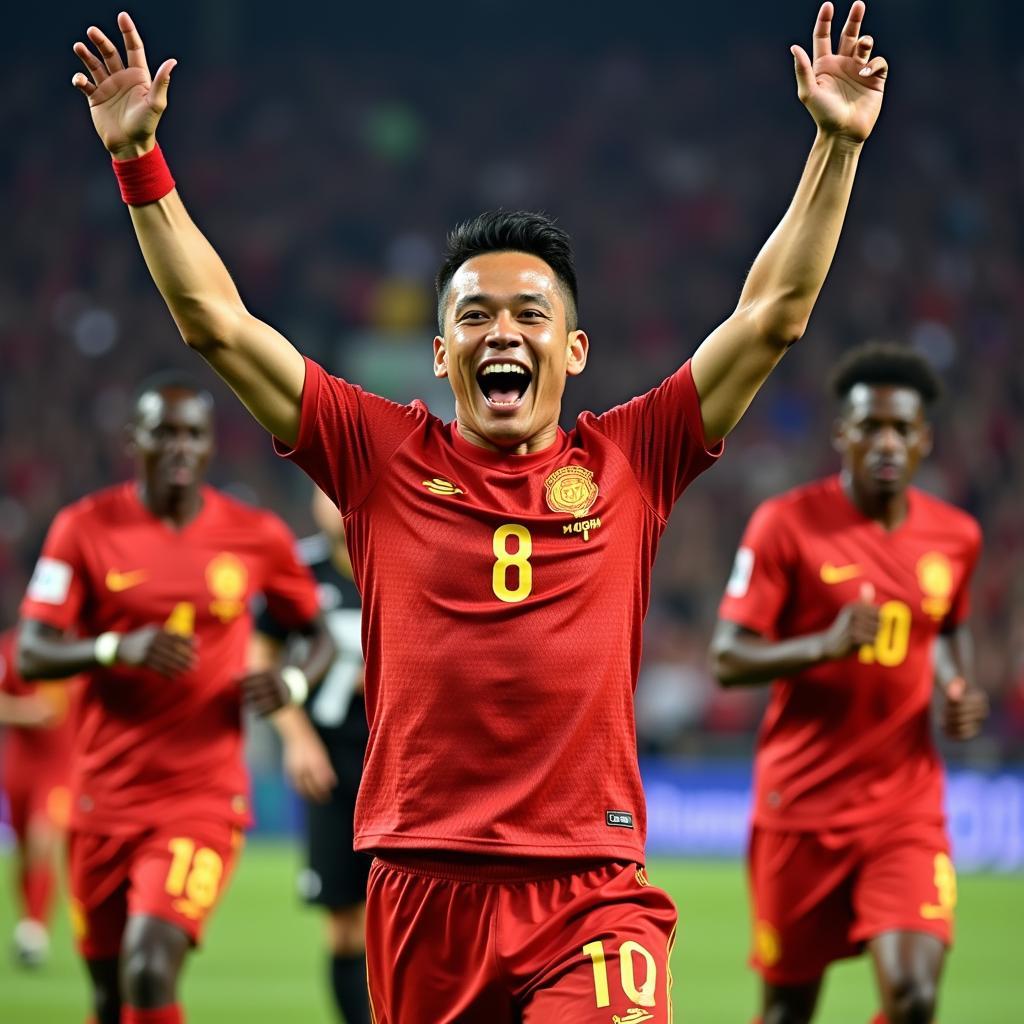 Nguyen Van Dat celebrates a goal in a U22 football match