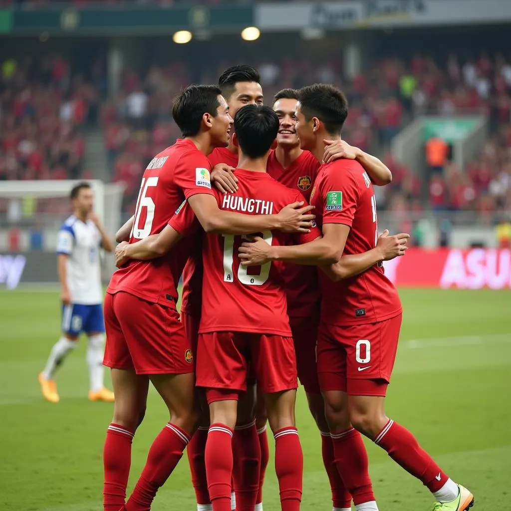 Nguyen Van Long celebrating a goal with his U19 teammates