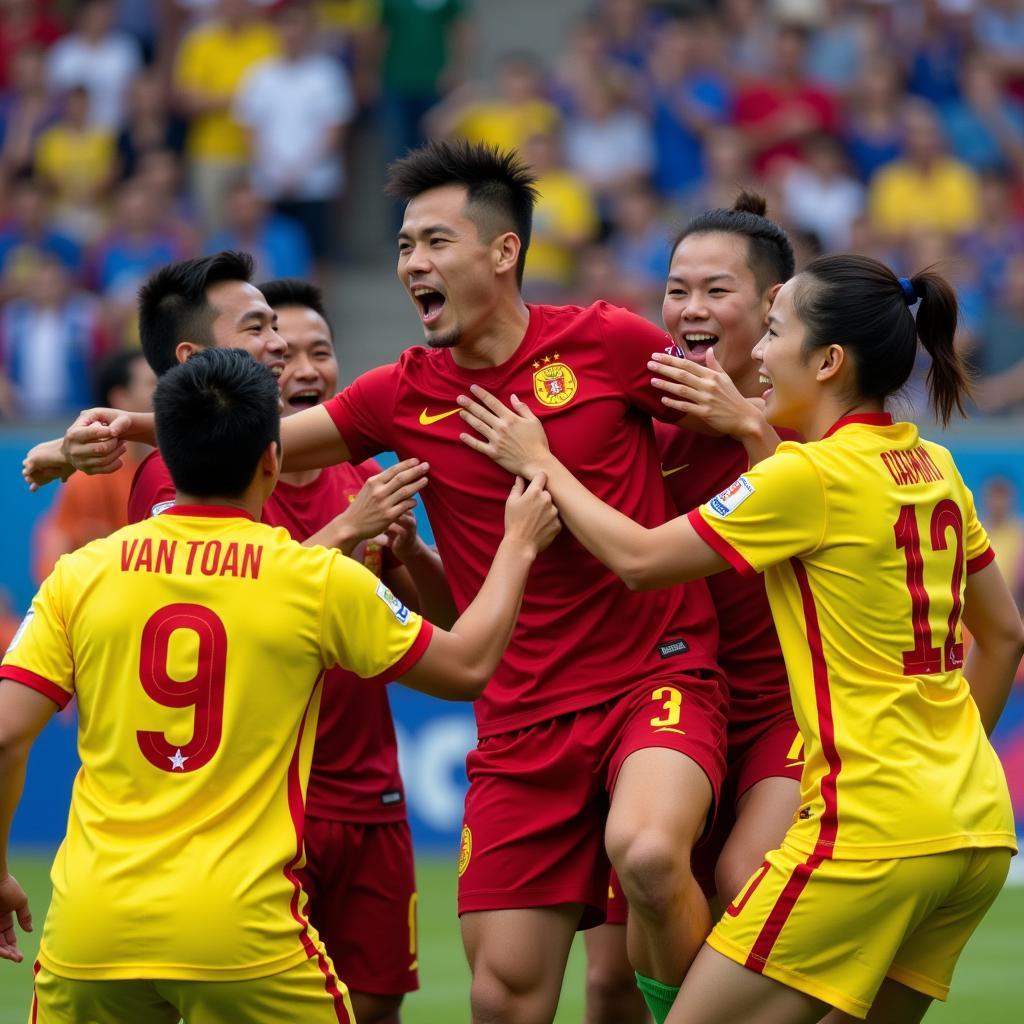 Nguyen Van Toan celebrates a goal for the Vietnamese national team with his teammates.